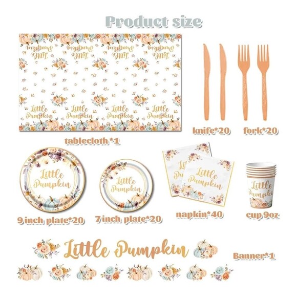 142 PCS Little Pumpkin Party Decorations - Tableware Set Plates, Napkins, Banner - Picture 3 of 5